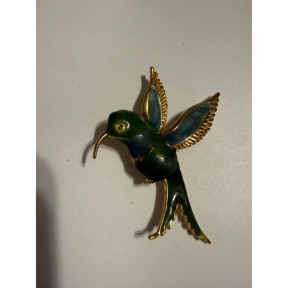Vintage Hummingbird‎ Brooch Gold Tone Green Blue Enamel Bird Pin Rhinestone Eye